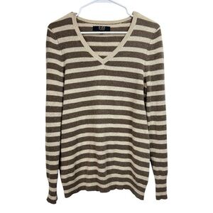 Alex Marie Size Large V-Neck Sweater Striped 100% Cashmere Brown Tan Preppy